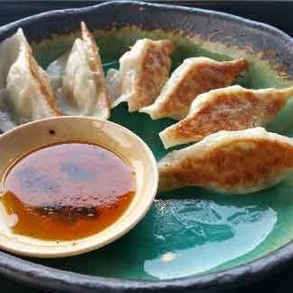 Pan-fried pork dumplings on a green plate with a bowl of dipping sauce