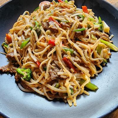 Stir-fried noodles with beef, broccoli, peppers and scallions on a dark plate